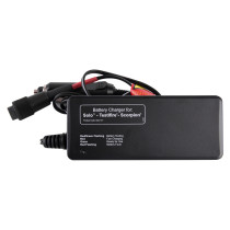 Front view of the solo 727 fast battery charger showing the label and attached cables