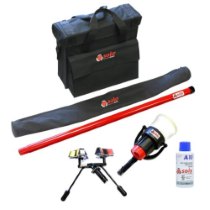 solo 811 a10 smoke detector test and removal kit showing a carry bag, poles, a warning lamp, and a small bottle of liquid