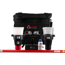 Components of the solo 814 smoke heat detector test removal kit solo424 heat dispenser arranged with a black carry bag behind