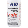 Close up of a white solo a10 smoke detector tester bottle with text and logos on the label