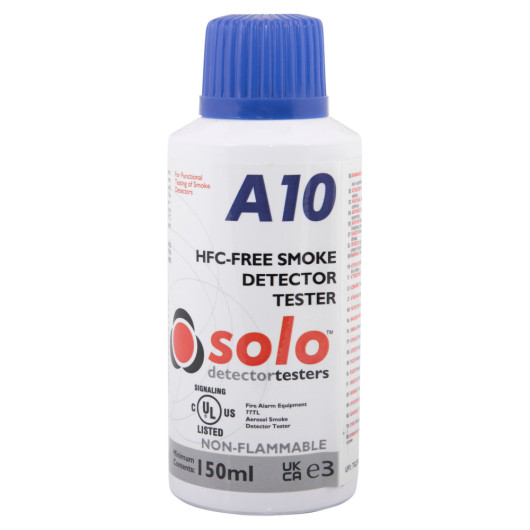 Front view of a solo a10 smoke detector tester bottle with a blue cap and labelled white body