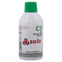 front view of a white and green solo c3 co detector tester bottle with black and red text on the label
