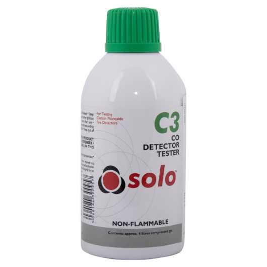 front view of a white and green solo c3 co detector tester bottle with black and red text on the label