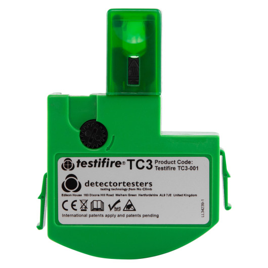 Green testifire replacement carbon monoxide capsule shown from the front with label and markings visible