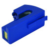 Angled view of a blue testifire replacement smoke capsule showing its shape and design features