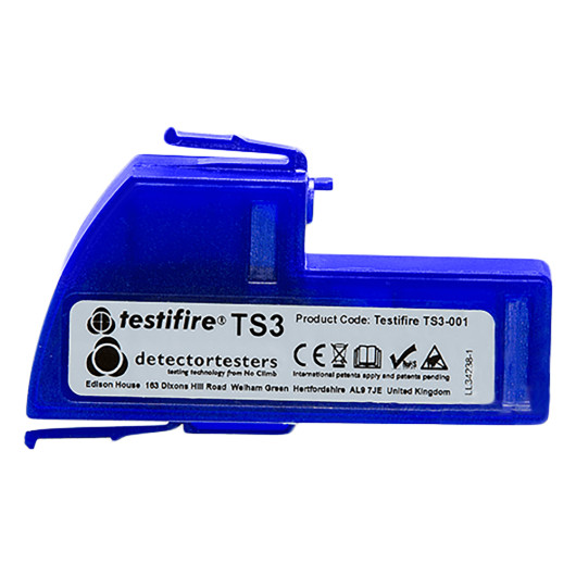 Front view of a blue testifire replacement smoke capsule with label and product details visible