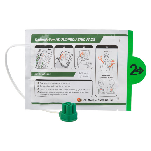 ipad nfk200 dual adult paediatric electrode pads showing the front of the packaging with instructions and illustrations