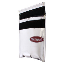 Angled view of nkblpklg blazepak fireproof bag with reflective silver and black sections and logo visible