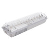 angled view of an arc ar led emergency lighting bulkhead slave unit with clear ribbed cover and white base