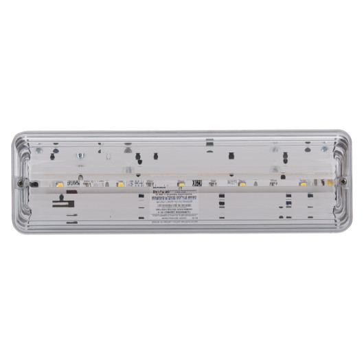 Front view of an arc ar led emergency lighting bulkhead slave unit showing the clear casing and internal LED components