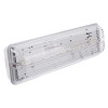 Angled view of a led emergency lighting bulkhead slave unit arc ar with a clear, ribbed cover and internal components visible