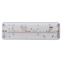 Front view of a led emergency lighting bulkhead slave unit arc ar showing the rectangular transparent casing and internal components