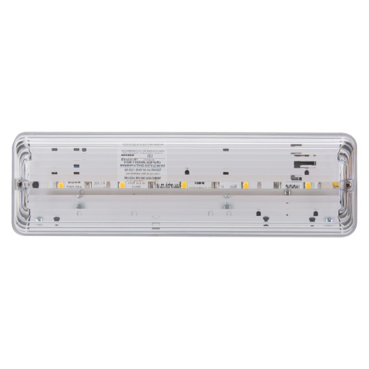 Front view of a led emergency lighting bulkhead slave unit arc ar showing the rectangular transparent casing and internal components