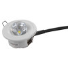 dyode led recessed emergency downlight showing the light casing with lens and attached wire on white background