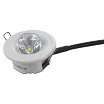 dyode led recessed emergency downlight showing the light casing with lens and attached wire on white background