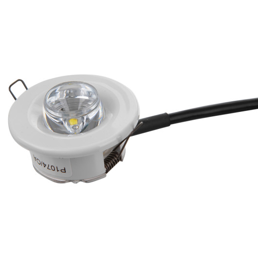dyode led recessed emergency downlight showing the light casing with lens and attached wire on white background