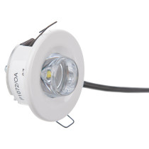 led recessed emergency downlight self test dyode angled view showing front and side details with attached cable