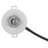 led recessed emergency downlight self test dyode showing a round white light fixture with a black cable attached