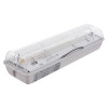 angled view of eden emergency lighting bulkhead slave unit with clear ribbed cover and white base