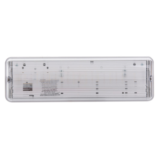 eden emergency lighting bulkhead slave unit shown from the front with a clear ribbed cover and white frame