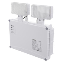economy ip65 led emergency twin spots self test ets showing angled view of white twin spotlight unit with labels and status indicator