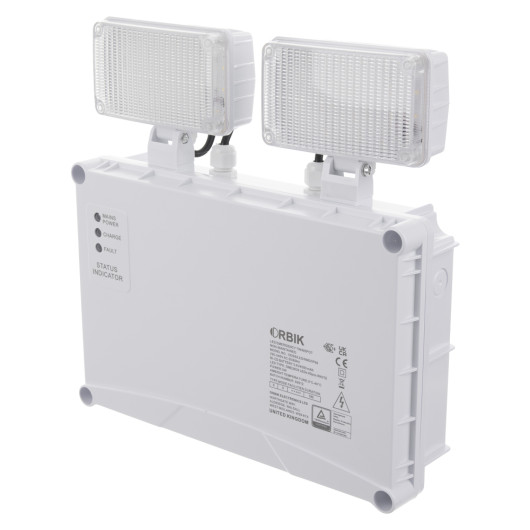 economy ip65 led emergency twin spots self test ets showing angled view of white twin spotlight unit with labels and status indicator
