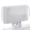 Closeup of the economy ip65 led emergency twin spots self test ets showing textured clear plastic light cover and white mounting bracket