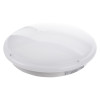 Angled view of a white LED IP65 round emergency light Leah with a smooth curved cover and visible screws