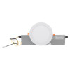 Round recessed emergency downlight meled shown with attached wiring and rectangular metal housing on a white background