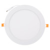 Front view of a round recessed emergency downlight meled showing the smooth white surface and attached cable
