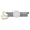 Round recessed emergency downlight meled with attached electrical wiring and rectangular metal casing on a white background