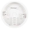 A white circular surface pattress for Kidde 230V alarms, with multiple screw holes and connection points, and an internal printed label displaying product details.