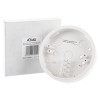 A white circular mounting pattress for Kidde 230V CO alarms placed in front of its branded packaging box, showing wiring holes and printed product information.