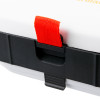Closeup of the opening mechanism on the physio control lifepak cr2 carry case with a red fabric pull tab