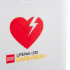Close-up of the Pccr2Sawfb Physio Control Lifepak Cr2 Semi Automatic Defibrillator Wifi Carry Bag logo with a red heart and lightning bolt design