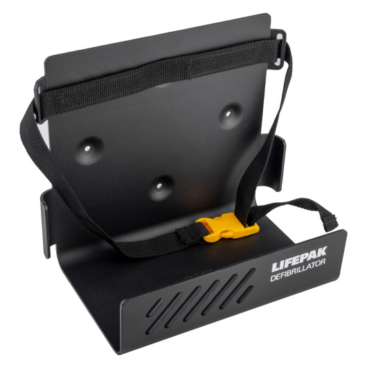Angled view of physio control lifepak 1000 defibrillator wall bracket with black strap and yellow clip
