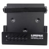 Front view of physio control lifepak 1000 defibrillator wall bracket in black with strap and ventilation slots