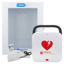 Image showing the Pclpcr2Efaed Ahhswcab Physio Control Lifepak Cr2 Fully Automatic Defibrillator with indoor cabinet and included accessories