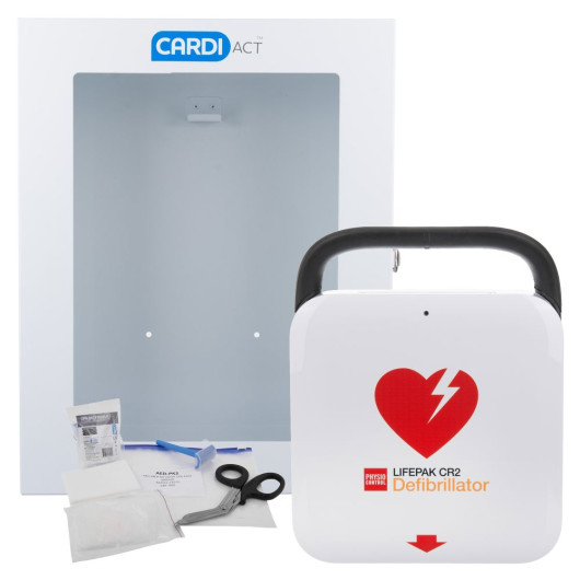 Image showing the Pclpcr2Efaed Ahhswcab Physio Control Lifepak Cr2 Fully Automatic Defibrillator with indoor cabinet and included accessories