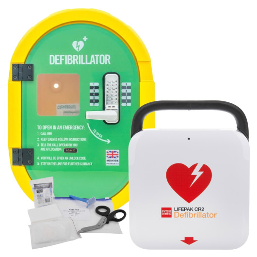 Physio Control Lifepak CR2 Fully Automatic Defibrillator with Defibsafe2 Cabinet and Carry Case