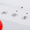 Closeup of indicator buttons on physio control lifepak cr2 usb fully automatic defibrillator with handle showing voice, power, and child icons