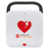 Front view of physio control lifepak cr2 usb fully automatic defibrillator with handle showing white case and red heart logo