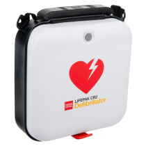 A white defibrillator carry case with a red logo, a black carry handle and black and yellow writing