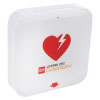 A white defibrillator with a red logo and black and yellow writing