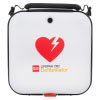 A white defibrillator carry case with a red logo, a black carry handle and black and yellow writing
