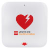 A white defibrillator with a red logo and black and yellow writing