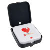 A white defibrillator in an open carry case