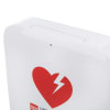 A white defibrillator with a red heart logo on the front
