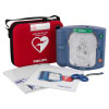 A blue defibrillator with a red case and and a pair of medical scissors