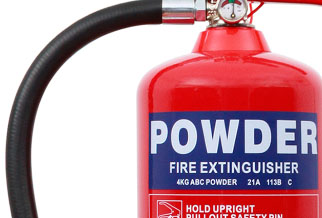 A red powder fire extinguisher with a blue label